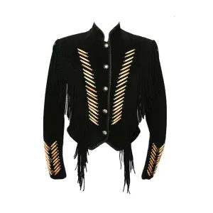 Western Black Suede Leather Fringe Jacket for Men MWJ544