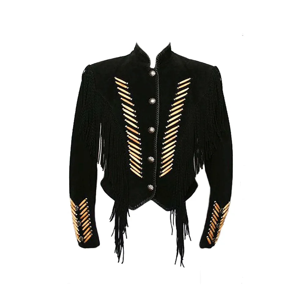Western Black Suede Leather Fringe Jacket for Men MWJ544