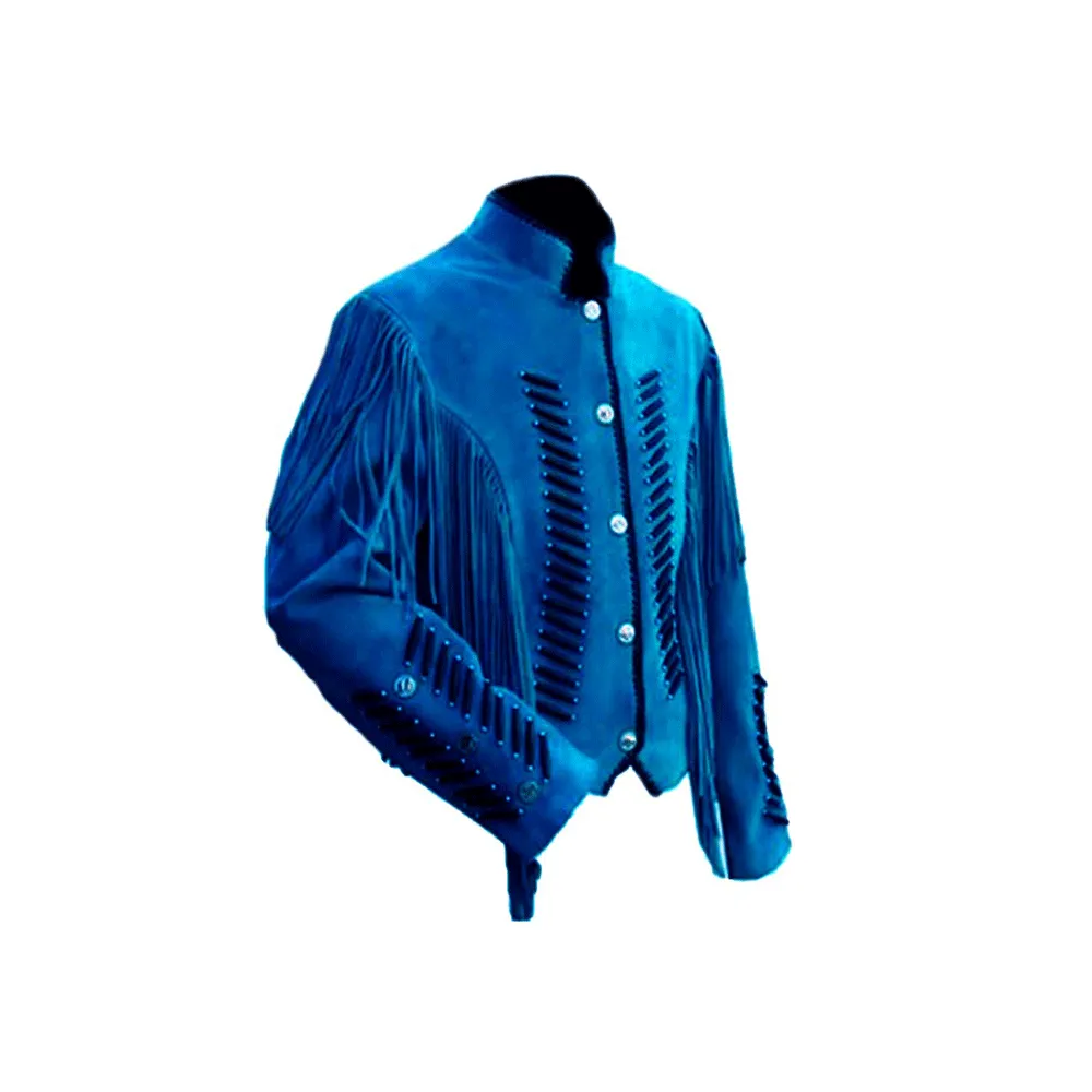 Western Blue Suede Leather Fringe Bone work Jacket for Men MWJ609