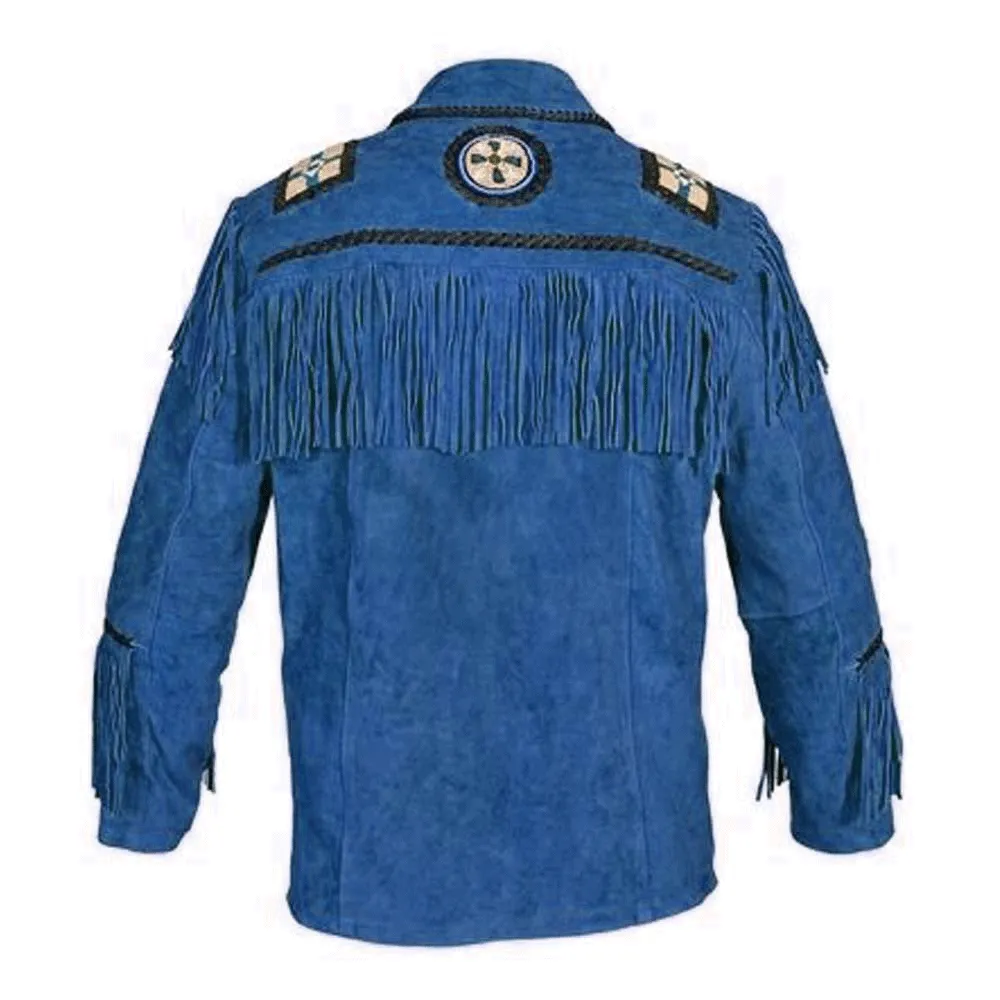 Western Blue Suede Leather Fringe Eagle Beaded Jacket for Men MWJ606
