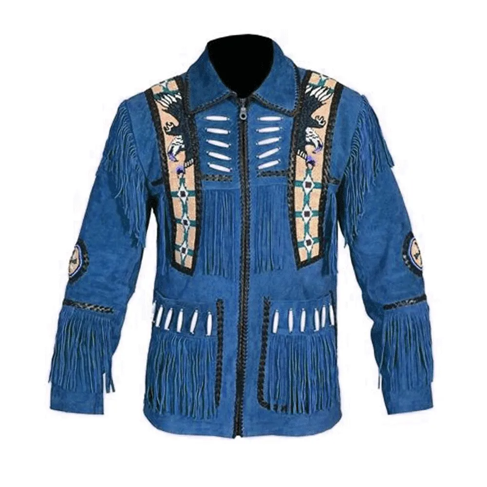 Western Blue Suede Leather Fringe Eagle Beaded Jacket for Men MWJ606
