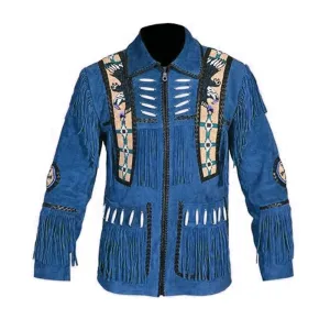 Western Blue Suede Leather Fringe Eagle Beaded Jacket for Men MWJ606