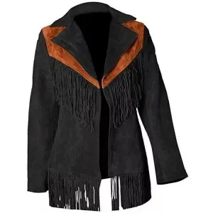 Western Fringe Black Suede Leather Jacket for Women Cowgirl WFJ707