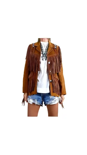 Western Fringe Brown Suede Leather Bone Beaded Jacket for Women WFJ508