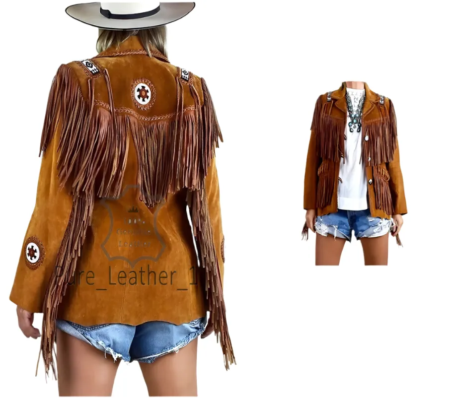 Western Fringe Brown Suede Leather Bone Beaded Jacket for Women WFJ508