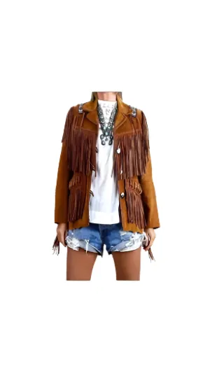 Western Fringe Brown Suede Leather Bone Beaded Jacket for Women WFJ508