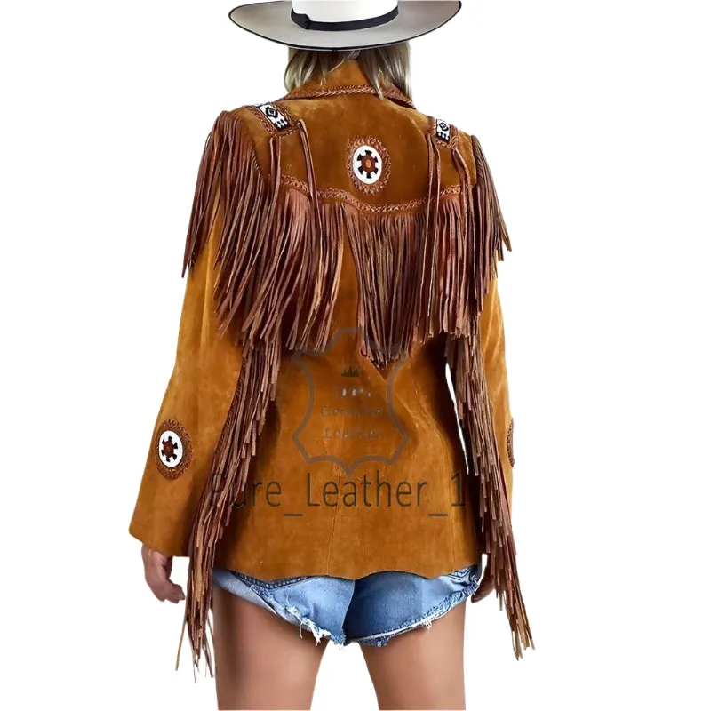 Western Fringe Brown Suede Leather Bone Beaded Jacket for Women WFJ508