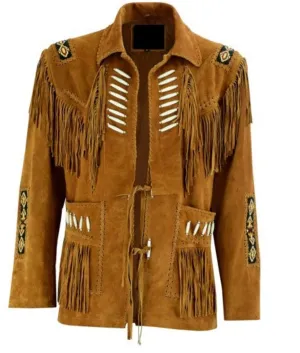 Western Fringe Brown Suede Leather Bone Beaded Jacket for Women WFJ520