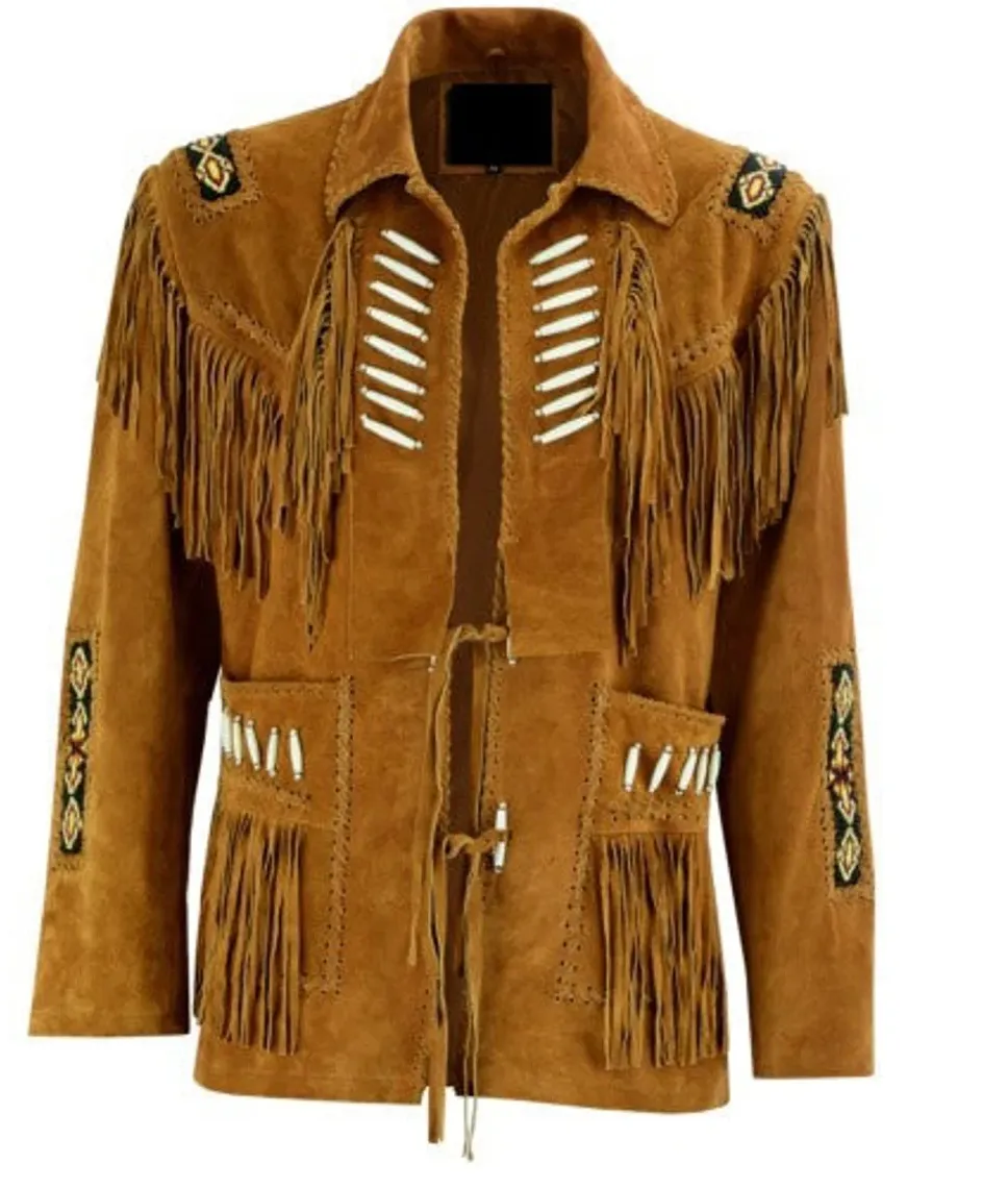 Western Fringe Brown Suede Leather Bone Beaded Jacket for Women WFJ520