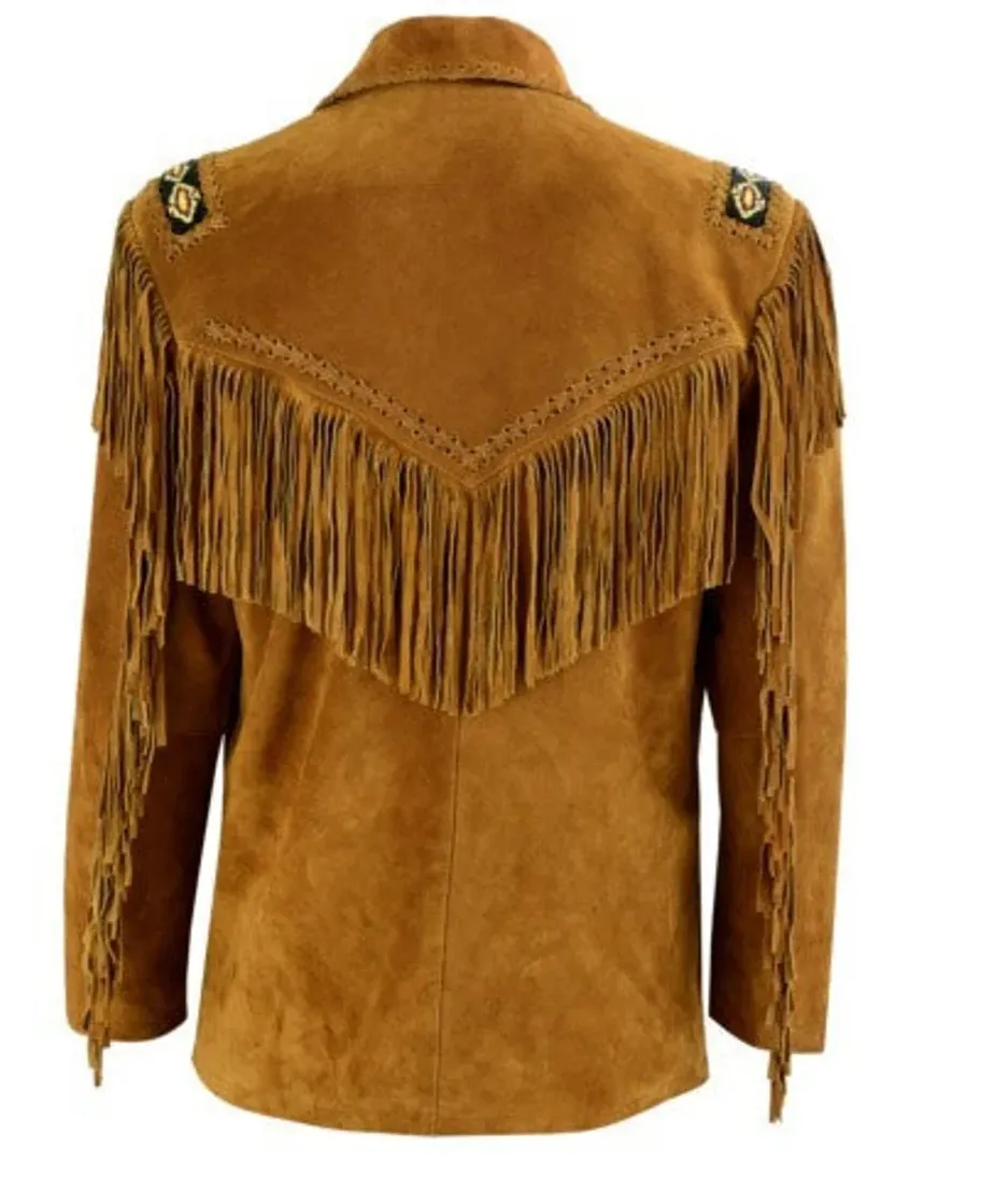 Western Fringe Brown Suede Leather Bone Beaded Jacket for Women WFJ520