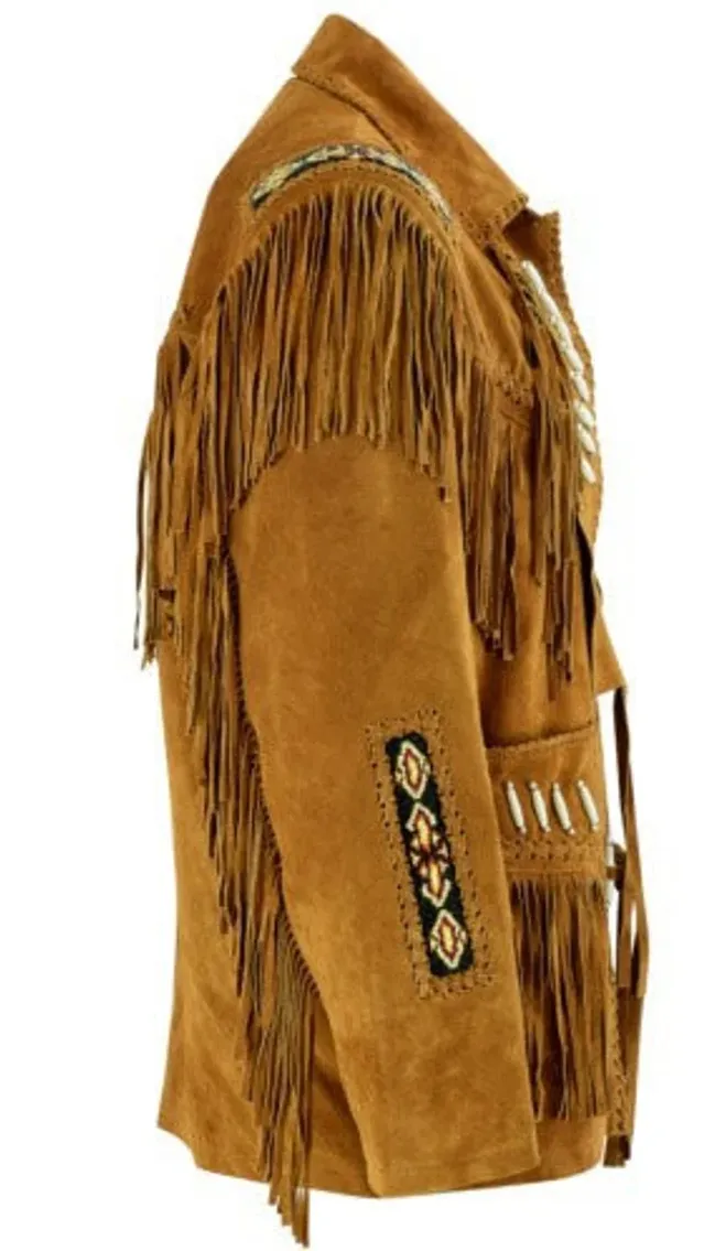 Western Fringe Brown Suede Leather Bone Beaded Jacket for Women WFJ520