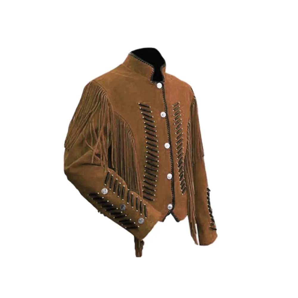 Western Fringe Brown Suede Leather Jacket for Men MWJ748