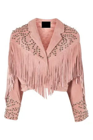 Western Fringe Pink Suede Leather Studded Jacket for Women WFJ905