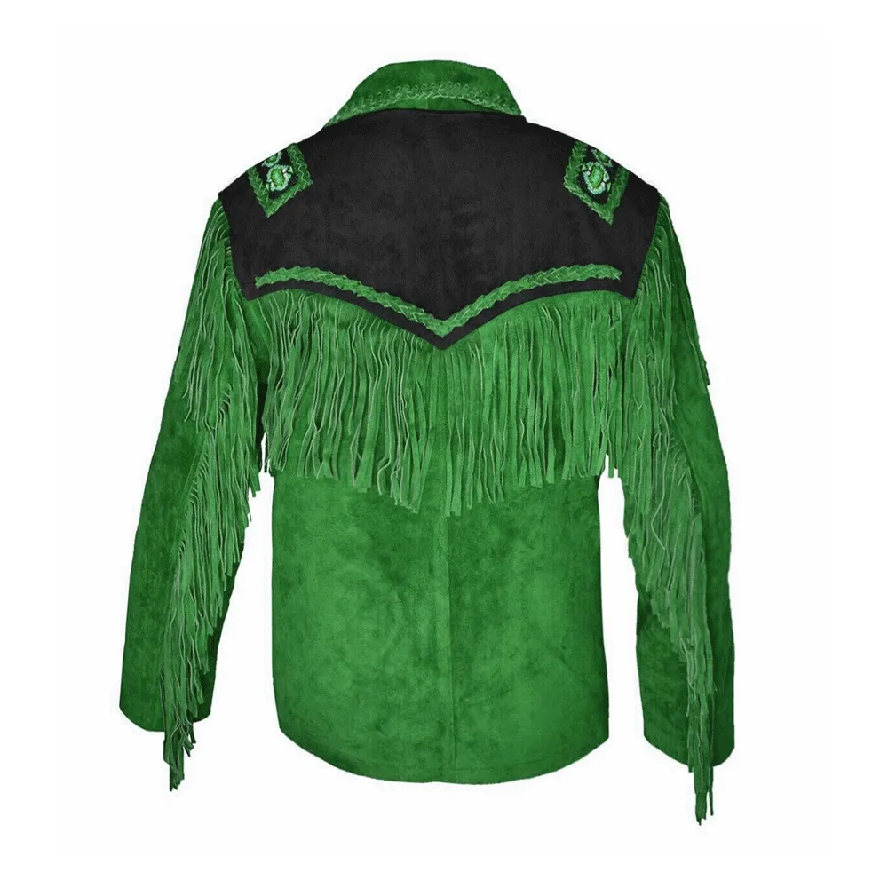 Western Green Suede Leather Fringe Beaded Jacket for Men MWJ626