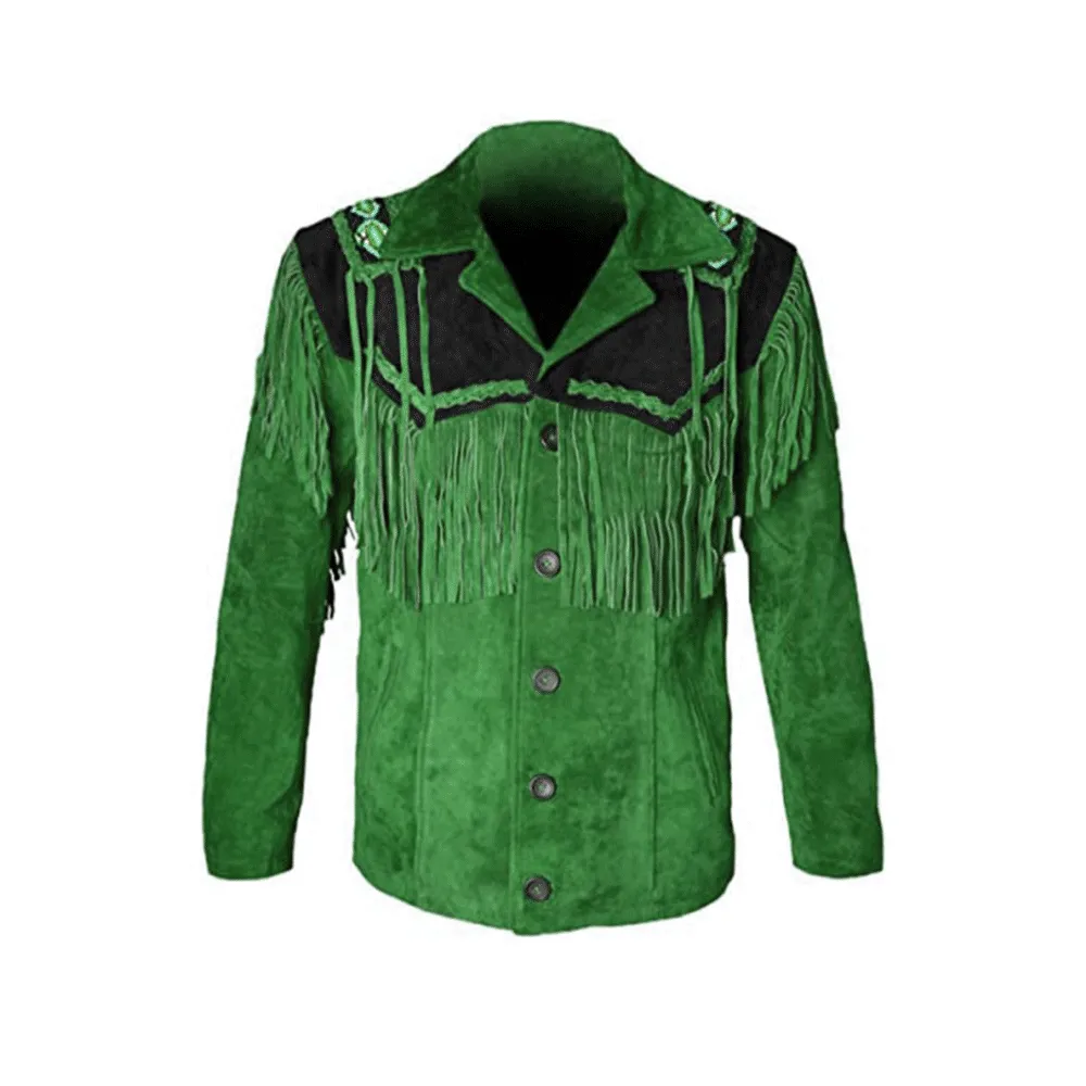 Western Green Suede Leather Fringe Beaded Jacket for Men MWJ626
