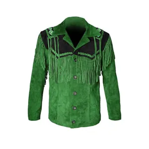 Western Green Suede Leather Fringe Beaded Jacket for Men MWJ626