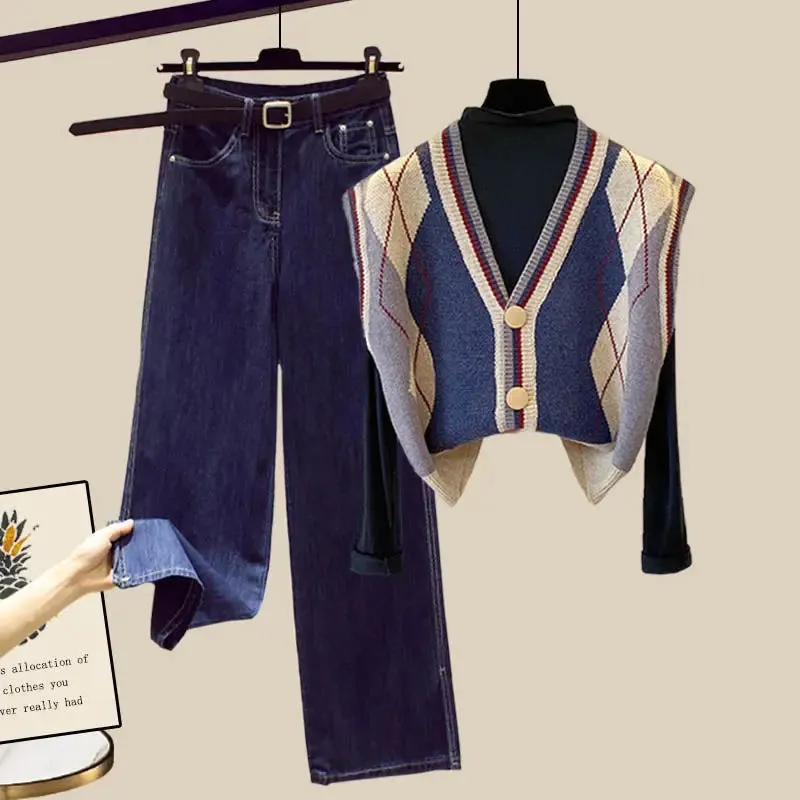 Western-style Knitting Vest Top Jeans Three Piece Set
