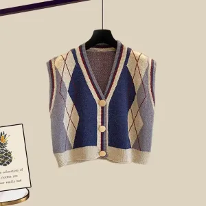 Western-style Knitting Vest Top Jeans Three Piece Set