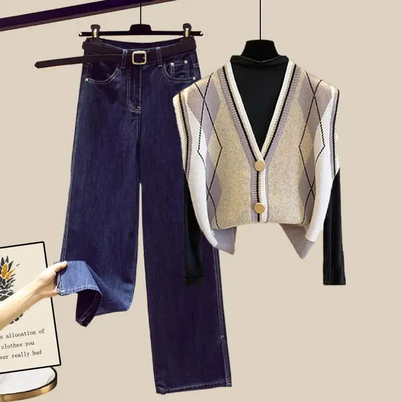 Western-style Knitting Vest Top Jeans Three Piece Set