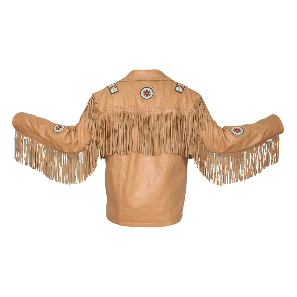 Western Tan Leather Fringe Beaded Jacket for Men MWJ320