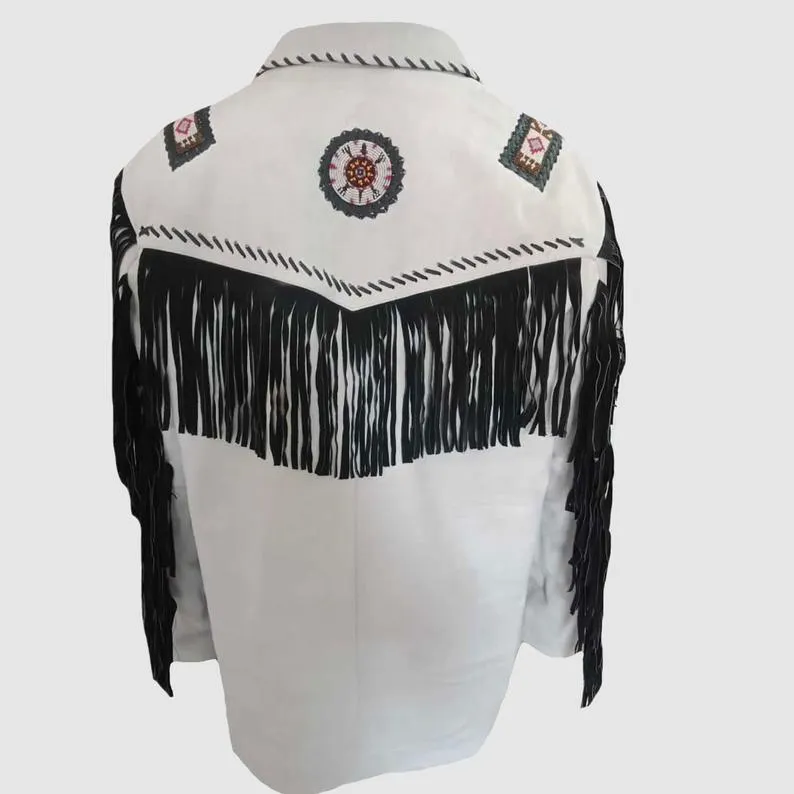 Western White Leather Fringe Beaded Jacket for Men MWJ454