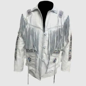 Western White Leather Fringe Beaded Jacket for Men MWJ457