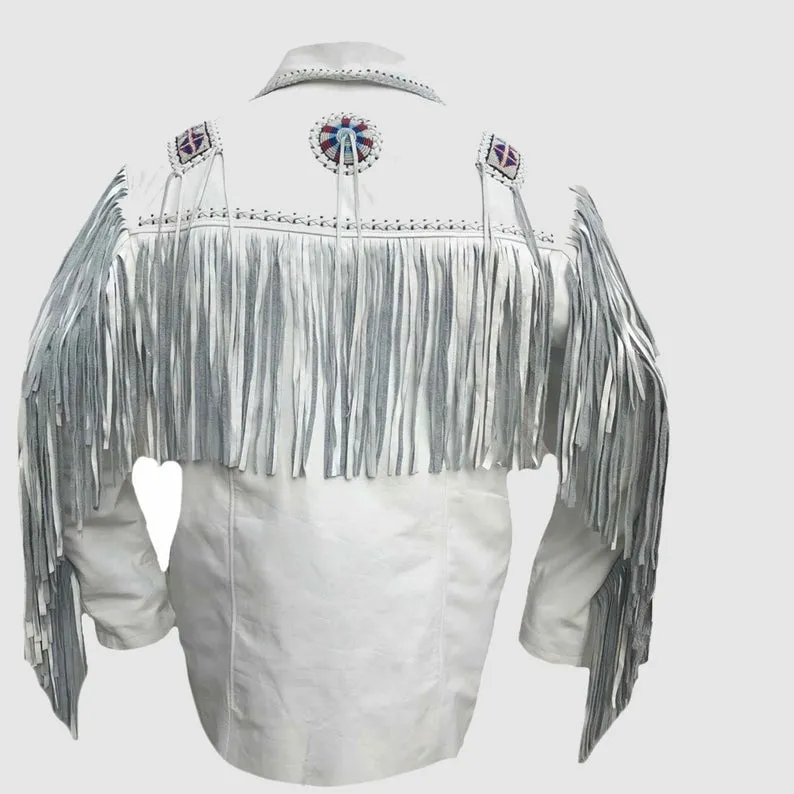 Western White Leather Fringe Beaded Jacket for Men MWJ457