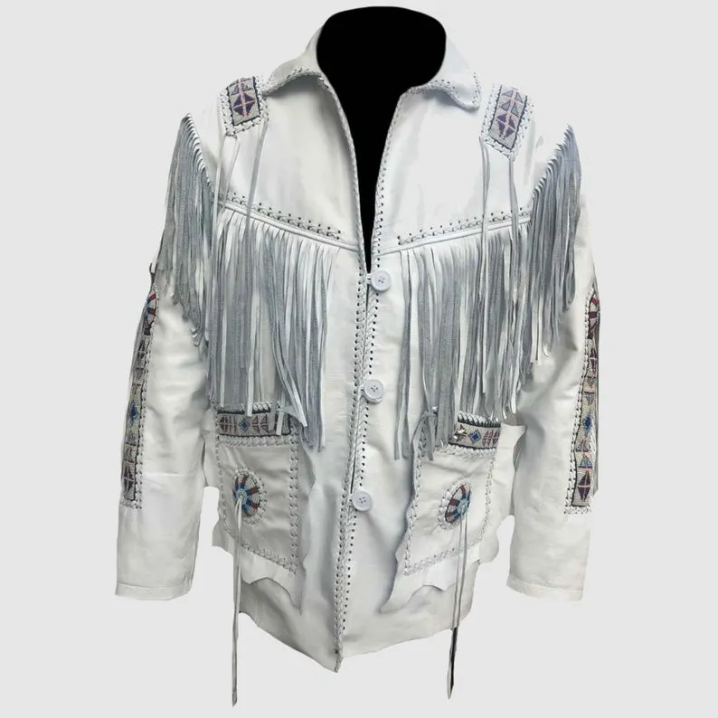 Western White Leather Fringe Beaded Jacket for Men MWJ457