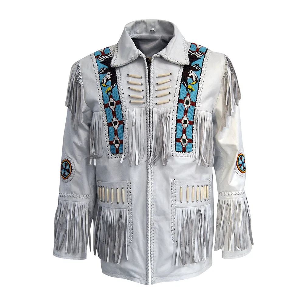 Western White Leather Fringe Eagle Beaded Jacket for Men MWJ452