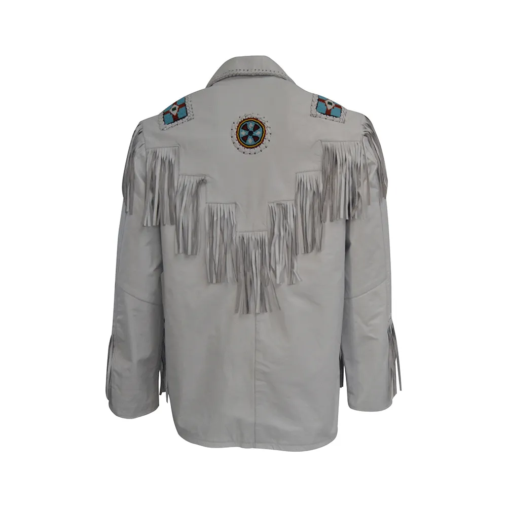Western White Leather Fringe Eagle Beaded Jacket for Men MWJ452