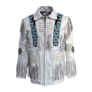 Western White Leather Fringe Eagle Beaded Jacket for Men MWJ452