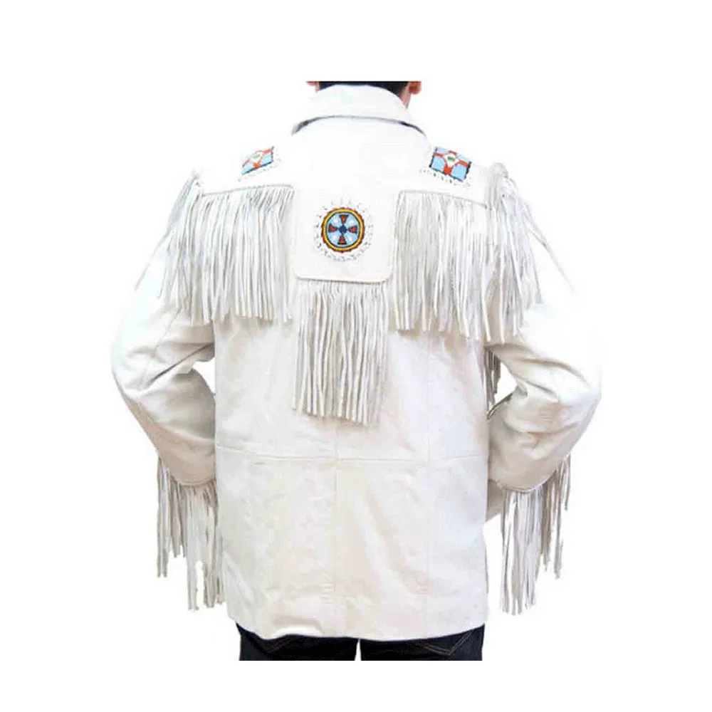 Western White Leather Fringe Eagle Beaded Jacket for Men MWJ459
