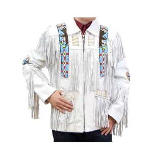 Western White Leather Fringe Eagle Beaded Jacket for Men MWJ459