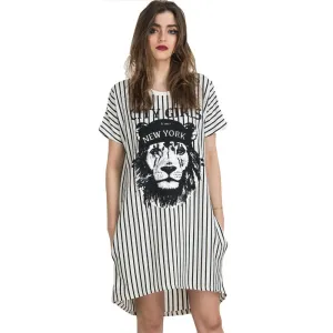 White Stripes Lion Animal Prints Short Sleeve Staight Shift Mini Jersey Casual Long t shirt Dress Summer New Women Fashion