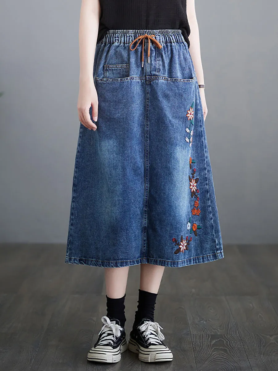 Women Spring Artsy Flower Embroidery Denim Skirt