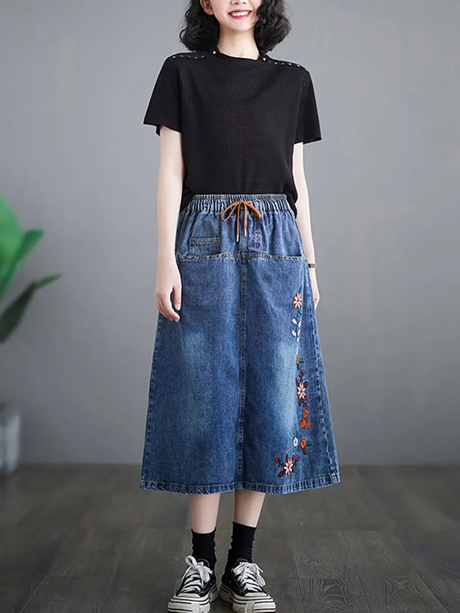 Women Spring Artsy Flower Embroidery Denim Skirt