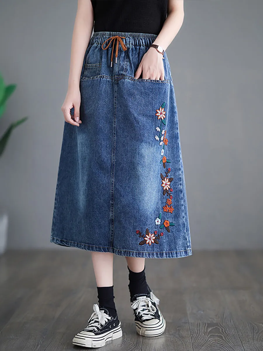Women Spring Artsy Flower Embroidery Denim Skirt