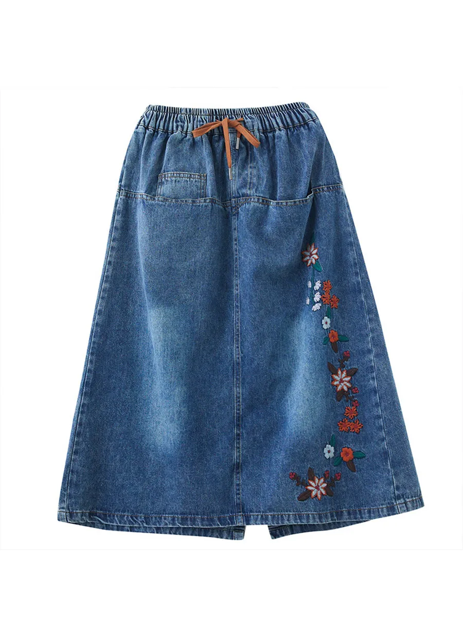 Women Spring Artsy Flower Embroidery Denim Skirt