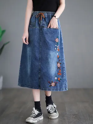Women Spring Artsy Flower Embroidery Denim Skirt