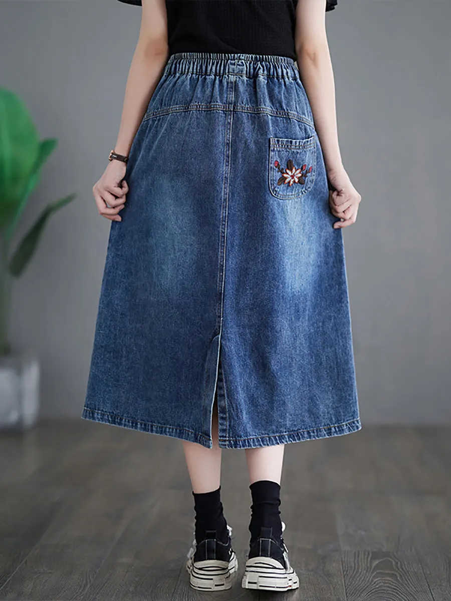 Women Spring Artsy Flower Embroidery Denim Skirt