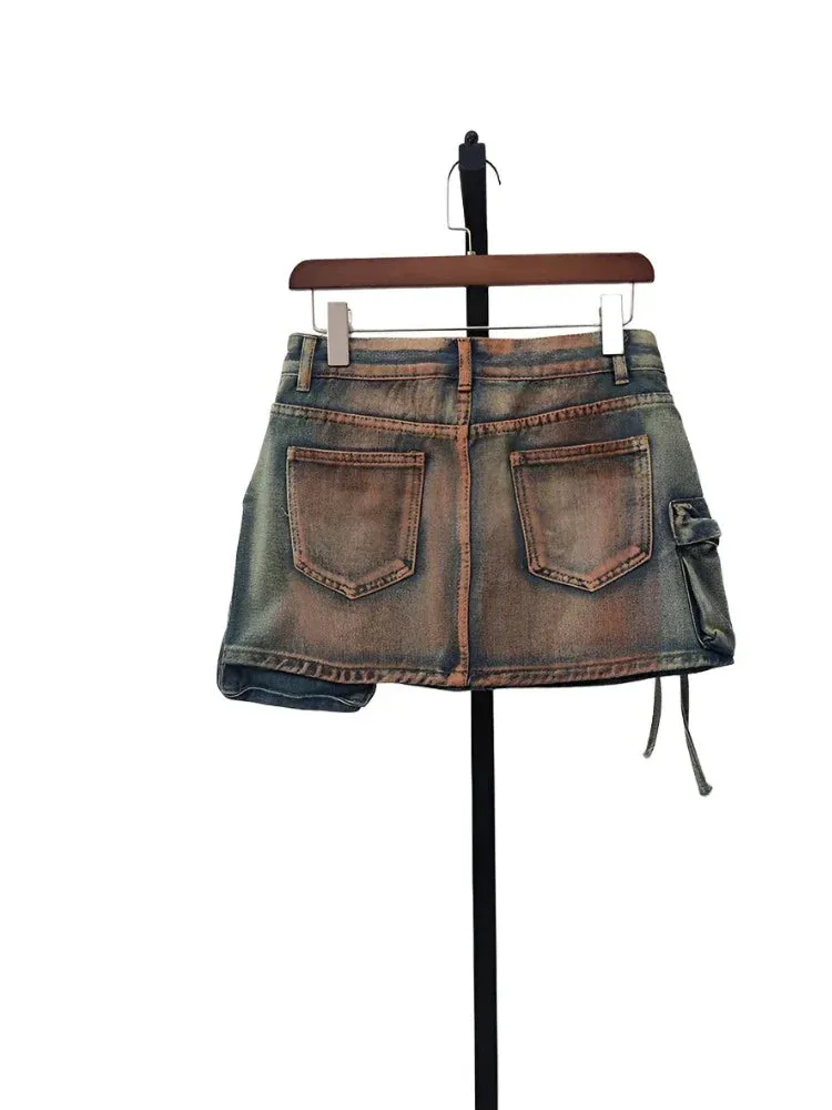 Women's Denim Skirts Multiple Pockets Patchwork Washed Lace-up Cargo A-line Mini Skirt