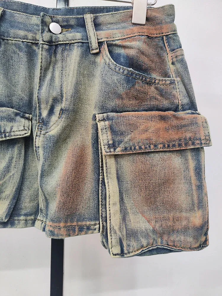 Women's Denim Skirts Multiple Pockets Patchwork Washed Lace-up Cargo A-line Mini Skirt