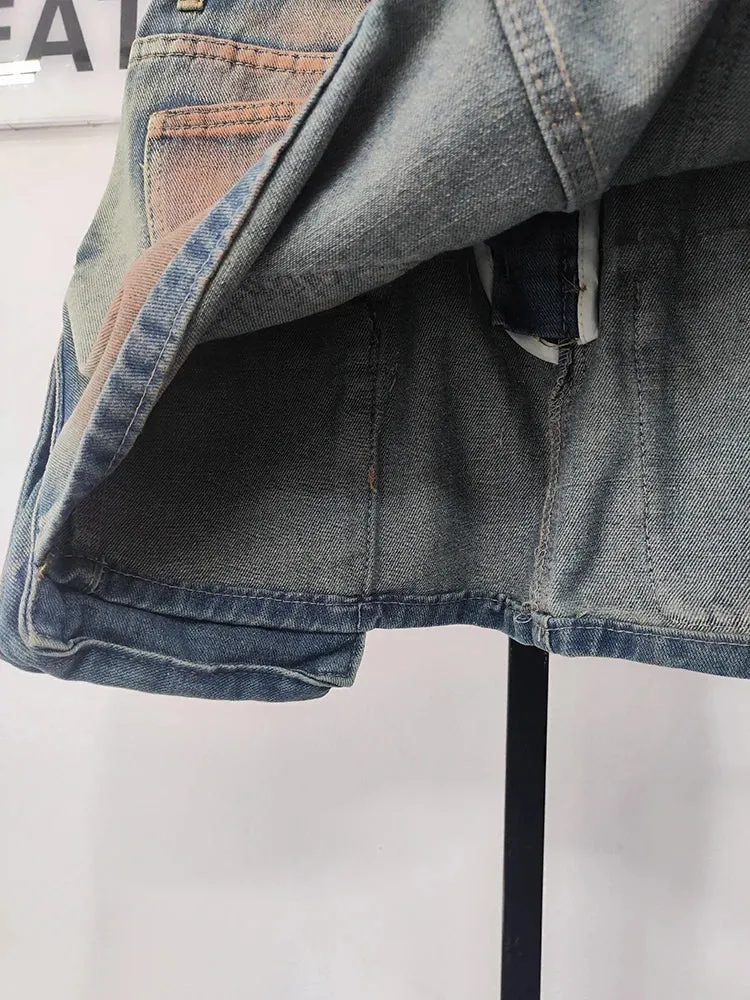 Women's Denim Skirts Multiple Pockets Patchwork Washed Lace-up Cargo A-line Mini Skirt