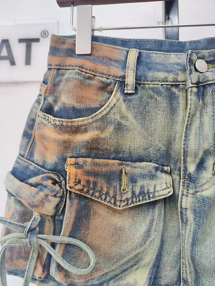 Women's Denim Skirts Multiple Pockets Patchwork Washed Lace-up Cargo A-line Mini Skirt