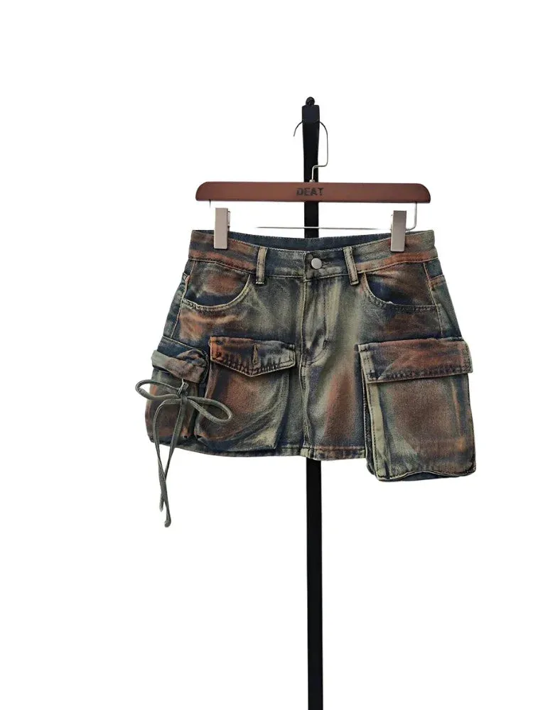 Women's Denim Skirts Multiple Pockets Patchwork Washed Lace-up Cargo A-line Mini Skirt