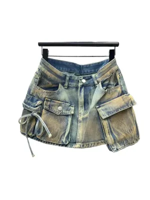 Women's Denim Skirts Multiple Pockets Patchwork Washed Lace-up Cargo A-line Mini Skirt