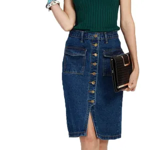 Womens Skirt Jeans Single Breasted Fashion Slim Fit Ladies Elegant Solid Denim Skirts with Double Pocket Split