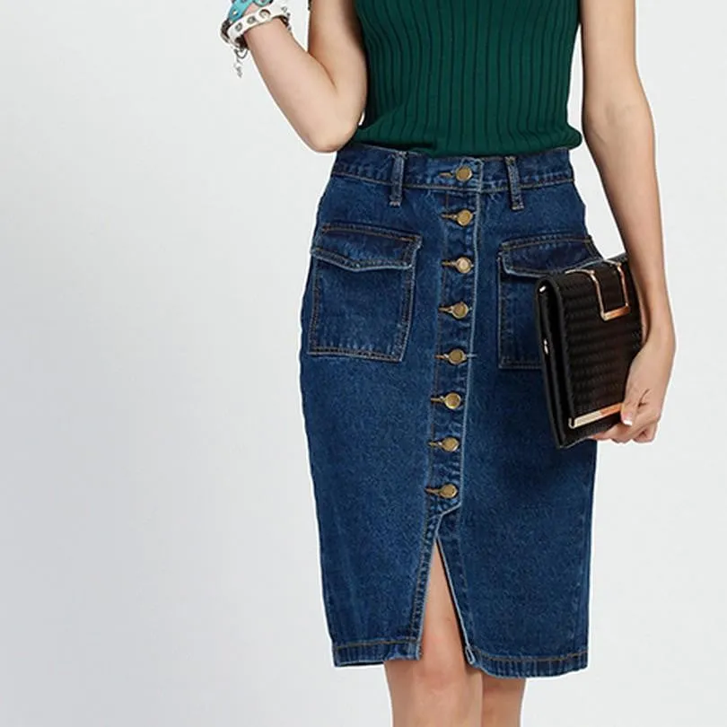 Womens Skirt Jeans Single Breasted Fashion Slim Fit Ladies Elegant Solid Denim Skirts with Double Pocket Split
