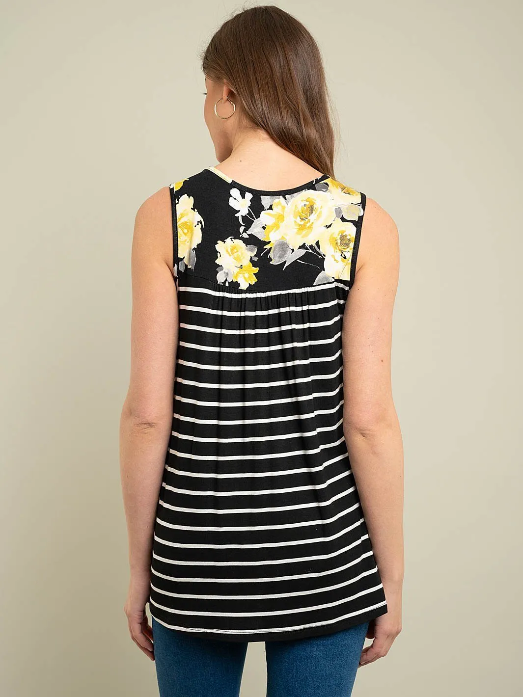 WOMEN'S SLEEVELESS STRIPES & FLORAL TOP