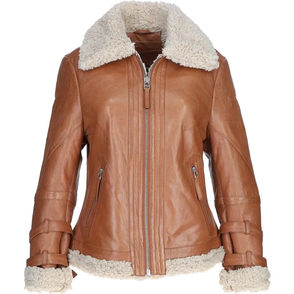 Women's Tan Faux Leather Shearling Aviator Jacket
